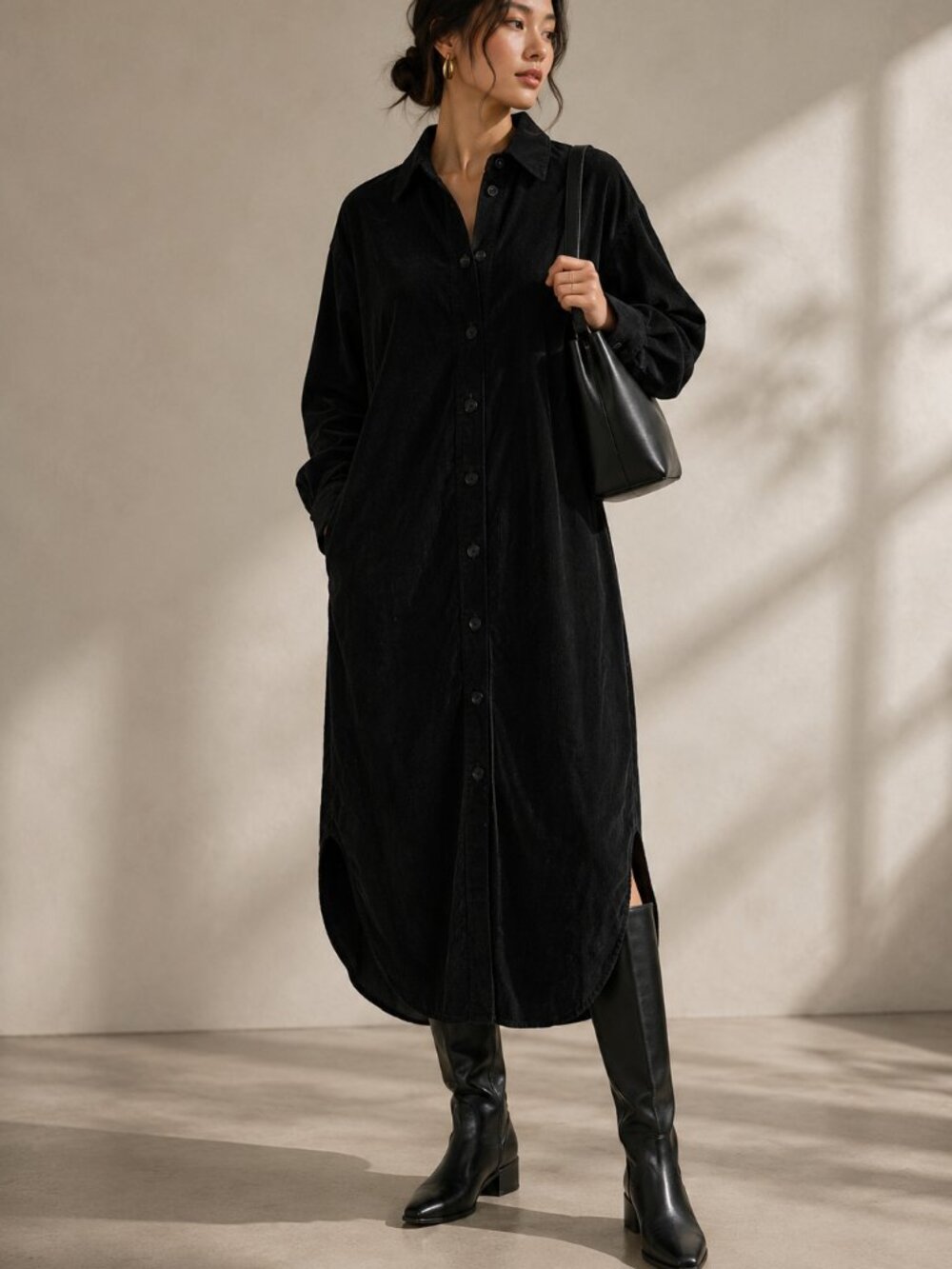 COS Black Corduroy Button Down Shirt Dress Size 2